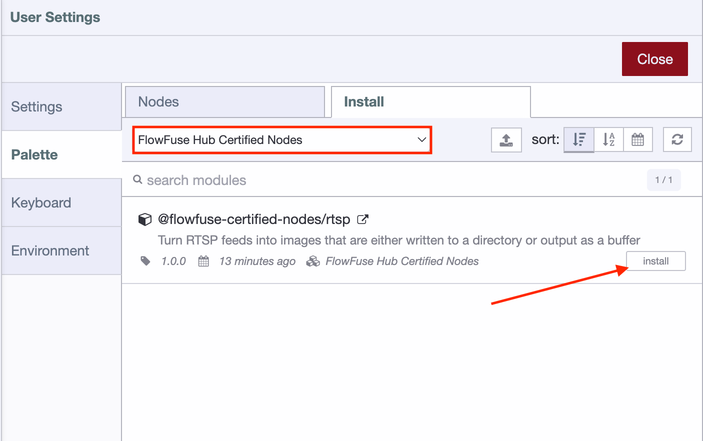 FlowFuse Palette Manager open on the Install tab, with the FlowFuse Pro Certified Nodes V2 collection selected and the RTSP node's Install button highlighted